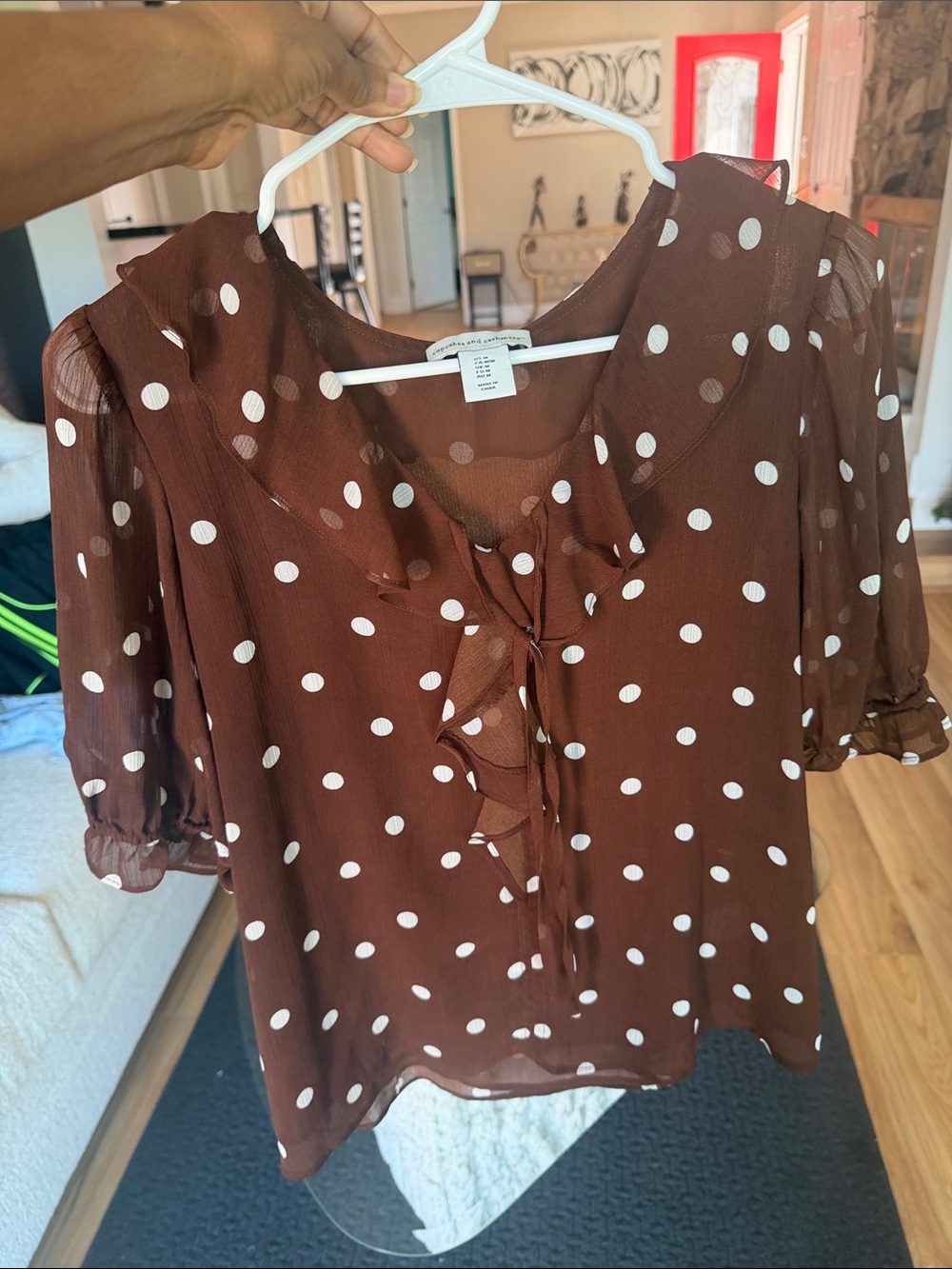cupcakes & cashmere Brown and White Polka Dot Ruffle Tie-Front Blouse